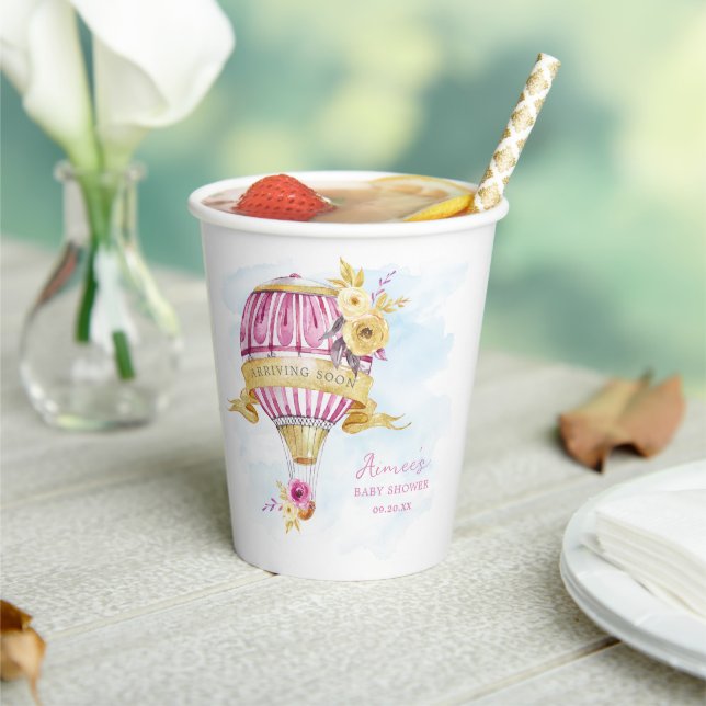 Personalised Pink Hot Air Balloon Baby Shower  Paper Cups (Insitu)