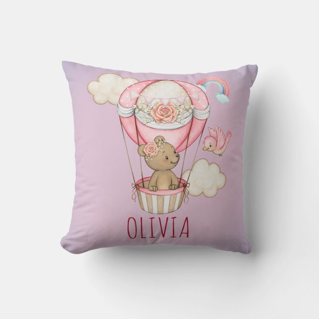 Personalised Pink Hot Air Balloon Watercolor Cushion (Front)