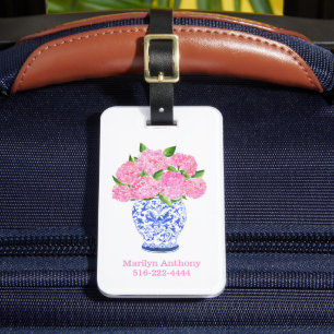 Personalised Pink Hydrangea Chinoiserie Vase Luggage Tag