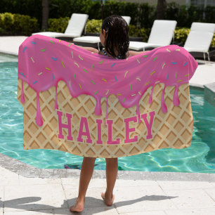 Personalised Pink Ice Cream Drip Beach Towel
