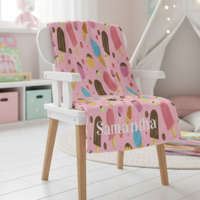 Personalised Pink Ice Cream Pattern Fleece Blanket (Creator Uploaded)