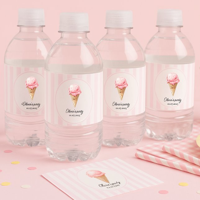 Personalised Pink Ice Cream  Water Bottle Label (Creator Uploaded)