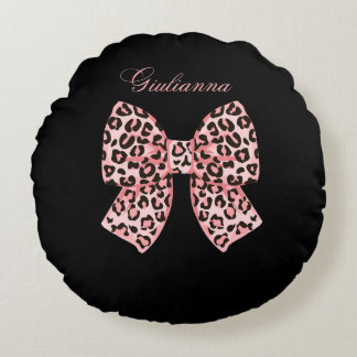 Personalised Pink Leopard Bow Round Pillow