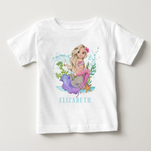 Personalised Pink Little Blonde Mermaid Baby T-Shirt (Front)