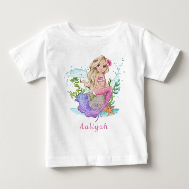Personalised Pink Little Blonde Mermaid Baby T-Shirt (Front)