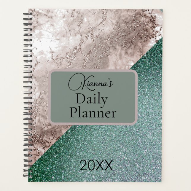 Personalised Pink Marble Minty Green Glitter Planner (Front)