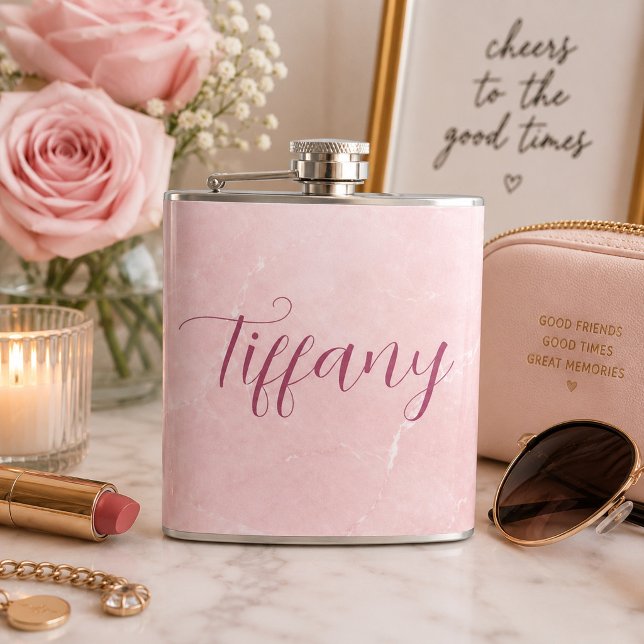Personalised Pink Marble Name  Hip Flask (Creator Uploaded)