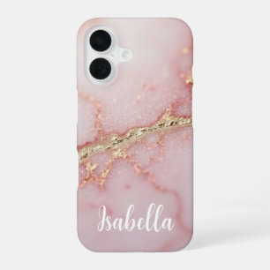 Personalised Pink Marble Stylish Gold iPhone 16 Case