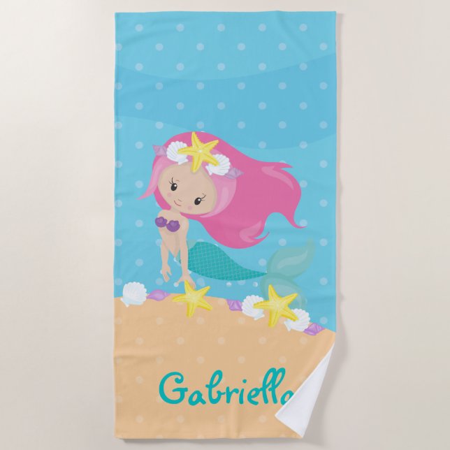 Personalised Pink Mermaid Beach Towel (Front)