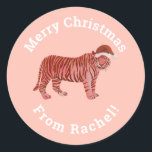 Personalised Pink Merry Christmas Santa Tiger Classic Round Sticker<br><div class="desc">This cute personalised pink Merry Christmas Santa Tiger classic round sticker will give your gifts a personal touch easily. You can edit the text if you click on the customise button and change the font style, colour and text. Your presents will have a unique personal touch with this pink Santa...</div>