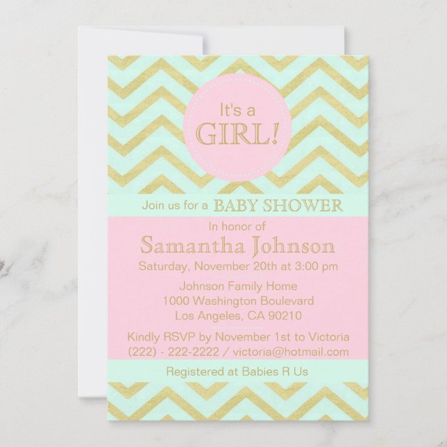 Personalised Pink Mint Green Gold Baby Shower Girl Invitation (Front)