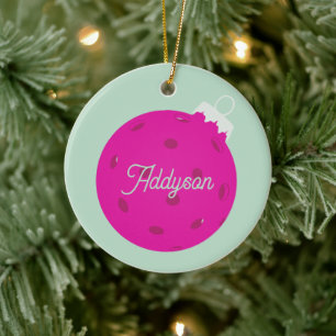 Personalised Pink Mint Green Pickleball Christmas Ceramic Tree Decoration
