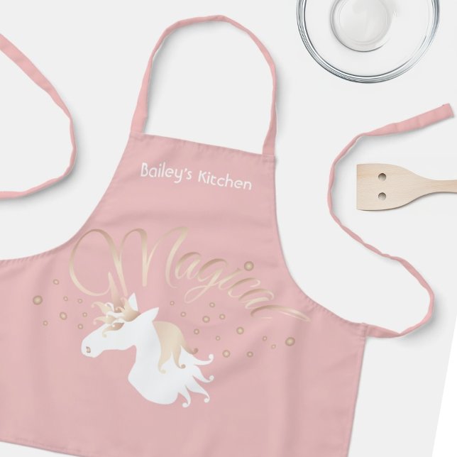 Personalised Pink Modern Magical Unicorn Girl Kids Apron (Creator Uploaded)
