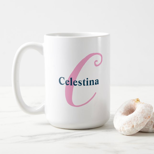 Personalised Pink Monogram Letter C Custom Name Coffee Mug (With Donut)