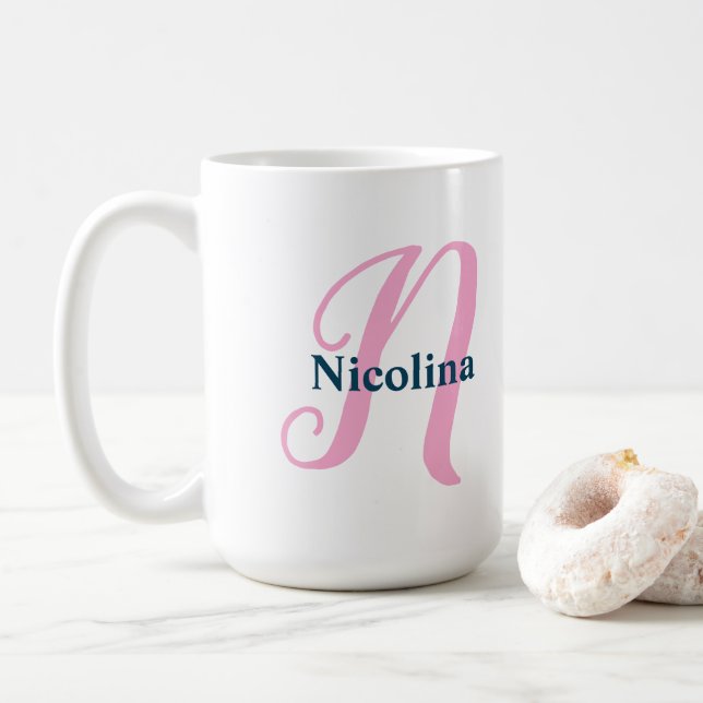 Personalised Pink Monogram Letter N Custom Name Coffee Mug (With Donut)