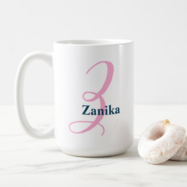 Personalised Pink Monogram Letter Z Custom Name Coffee Mug (With Donut)