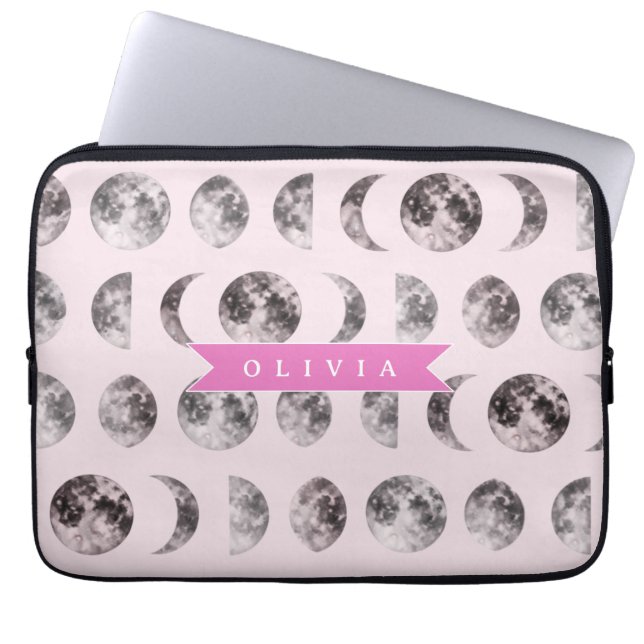 Personalised Pink Moon Phase Celestial Name Gift Laptop Sleeve (Front)