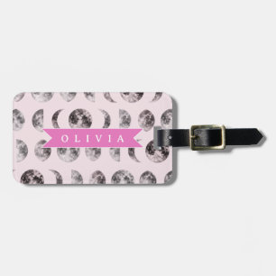 Personalised Pink Moon Phase Celestial Name Gift Luggage Tag