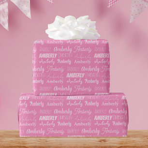 Personalised Pink Name Cute Fonts Collage Birthday Wrapping Paper
