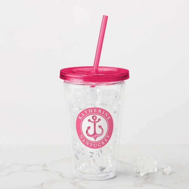 Personalised Pink Nautical Anchor Acrylic Tumbler (Back Ice)