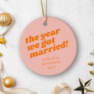 Personalised Pink Orange First Christmas Married Ceramic Tree Decoration