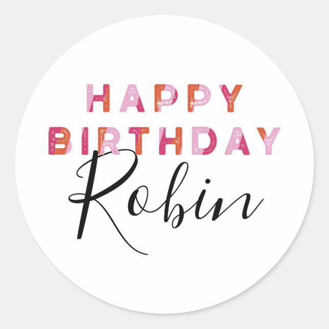 Personalised Pink Orange Letters Happy Birthday Classic Round Sticker (Front)