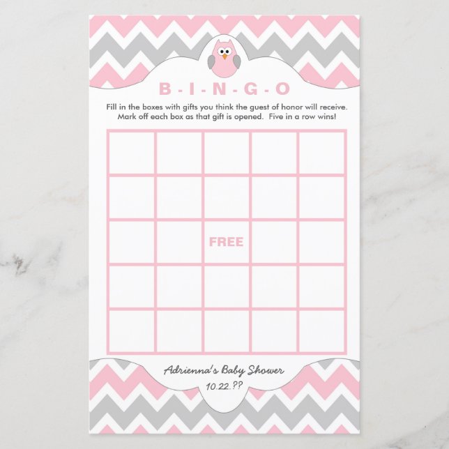 Personalised Pink owl girl baby shower games bingo (Front)