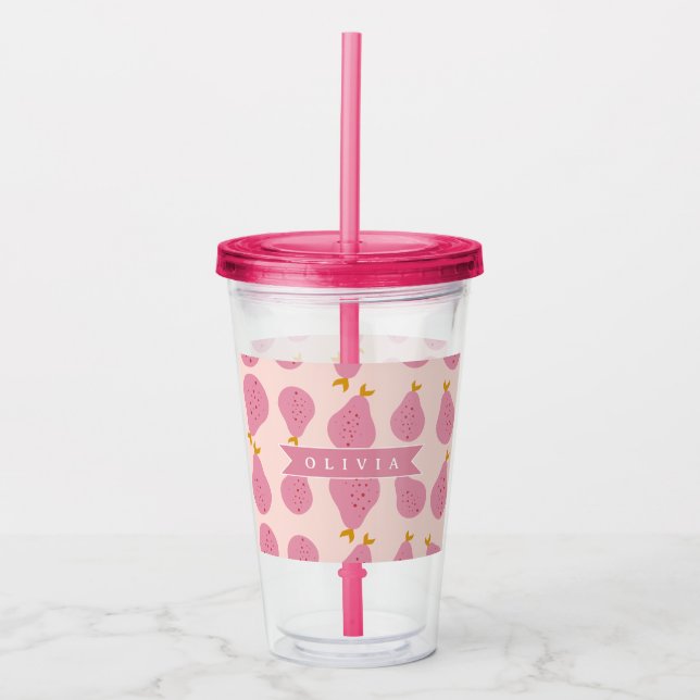 Personalised Pink Pear Pattern Cute Girly Fruit Acrylic Tumbler (Front)