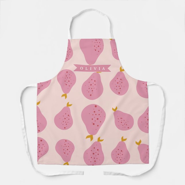 Personalised Pink Pear Pattern Cute Girly Fruit Apron (Front)