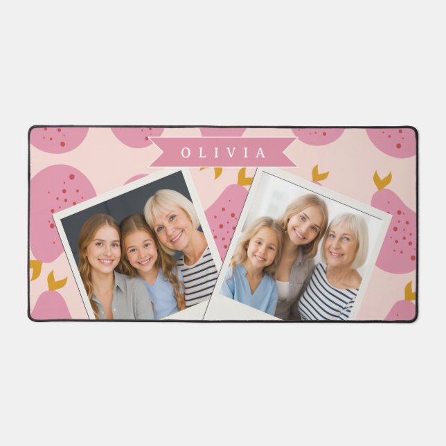 Personalised Pink Pear Pattern Cute Girly Fruit Desk Mat (Front)