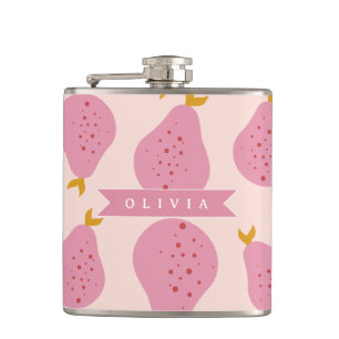 Personalised Pink Pear Pattern Cute Girly Fruit Hip Flask