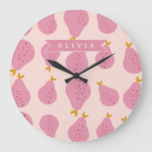 Personalised Pink Pear Pattern Cute Girly Fruit Large Clock