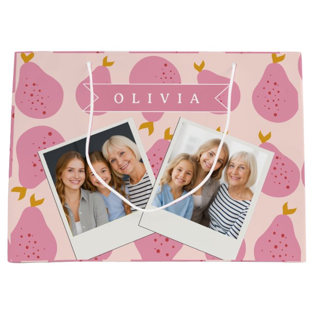 Personalised Pink Pear Pattern Cute Girly Fruit Large Gift Bag (Front)