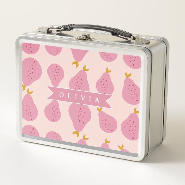 Personalised Pink Pear Pattern Cute Girly Fruit Metal Lunch Box (Front)