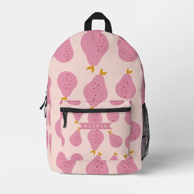 Personalised Pink Pear Pattern Cute Girly Fruit Printed Backpack (Front)