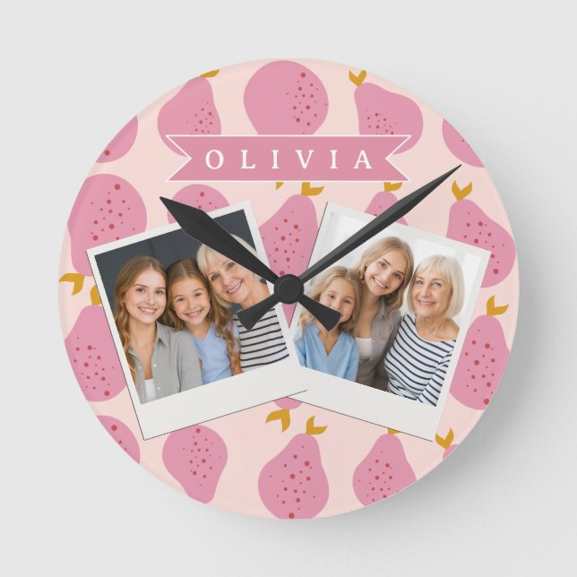 Personalised Pink Pear Pattern Cute Girly Fruit Round Clock (Front)