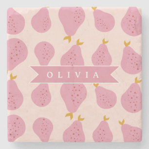 Personalised Pink Pear Pattern Cute Girly Fruit Stone Coaster