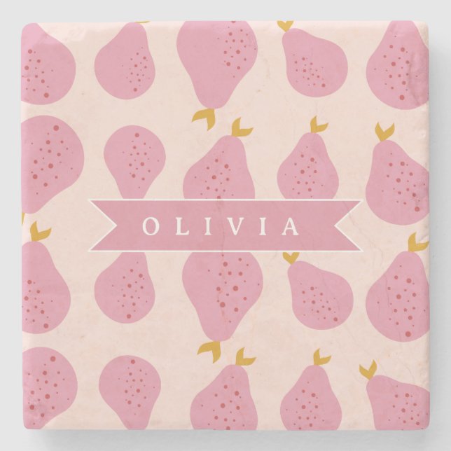 Personalised Pink Pear Pattern Cute Girly Fruit Stone Coaster (Front)