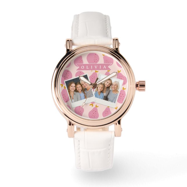 Personalised Pink Pear Pattern Cute Girly Fruit Watch (Front)