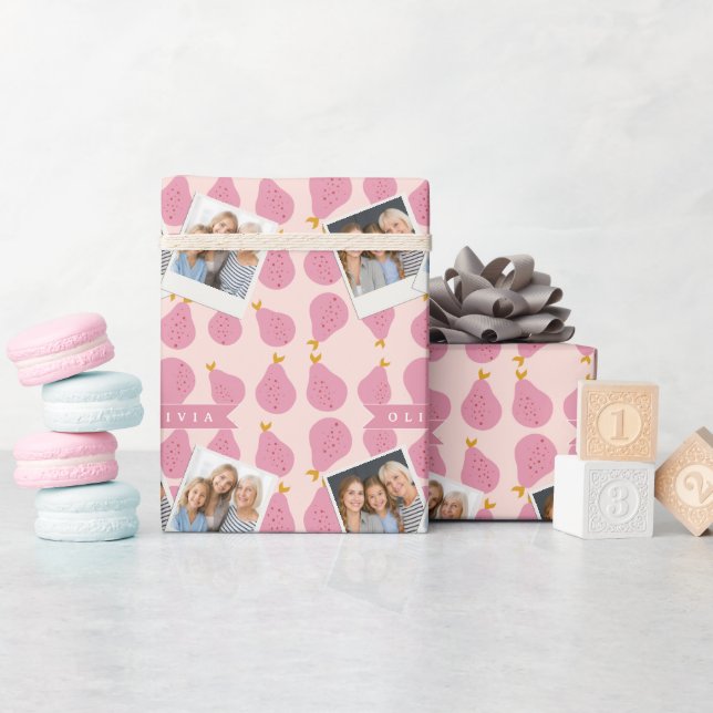 Personalised Pink Pear Pattern Cute Girly Fruit Wrapping Paper (Baby Shower)