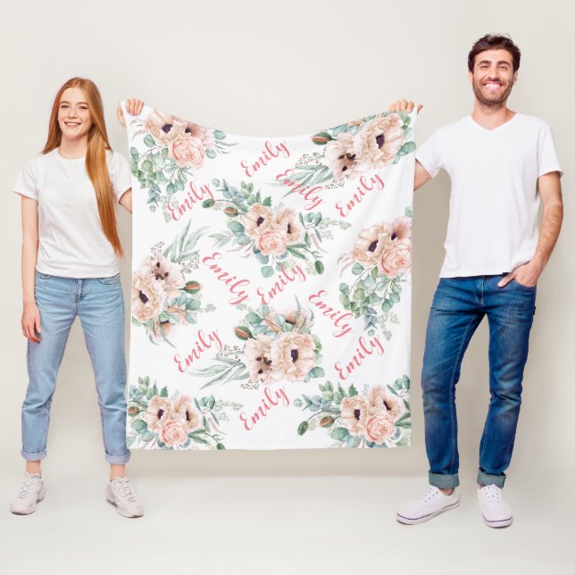 Personalised Pink Peonies Fleece Blanket (In Situ)