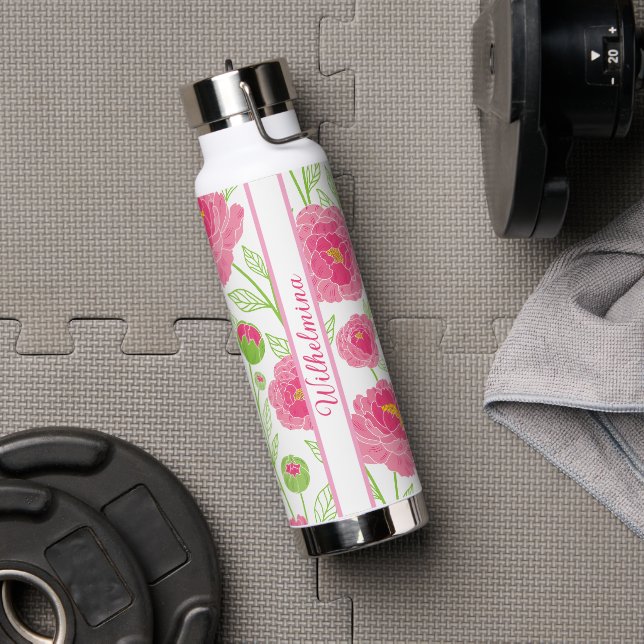 Personalised Pink Peony Floral Water Bottle (Gym (Rotated))