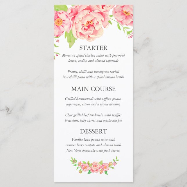 Personalised Pink Peony Wedding Menu (Front)