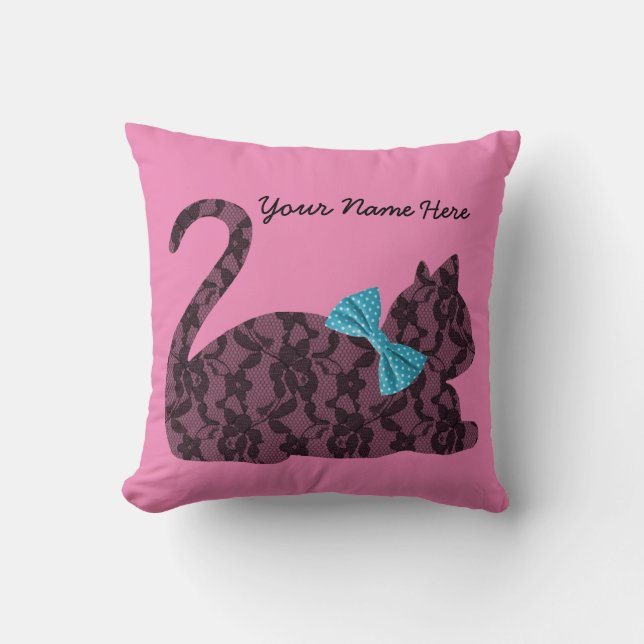 Personalised Pink Pillow with Black Lace Cat (Front)