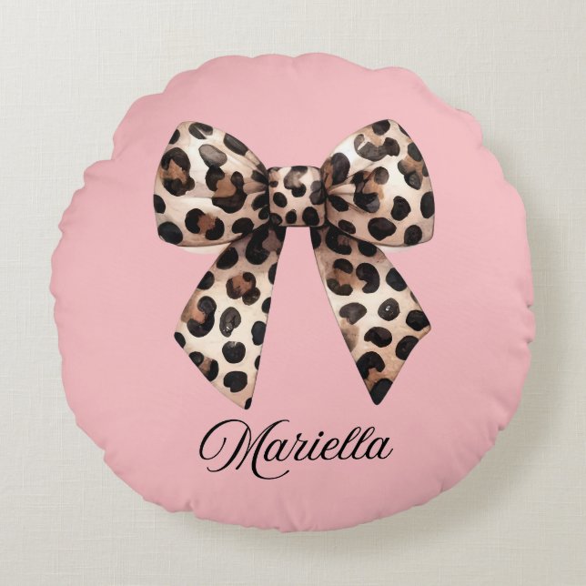 Personalised Pink Pillow with Leopard Bow  (Front)