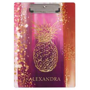 Personalised Pink Pineapple Gold Glitter Clipboard