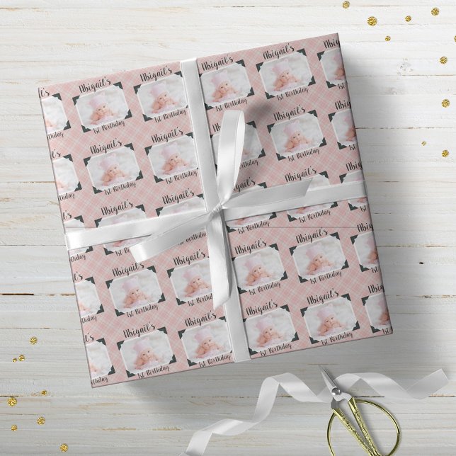 Personalised Pink Plaid Baby Birthday Photo Wrapping Paper (Creator Uploaded)