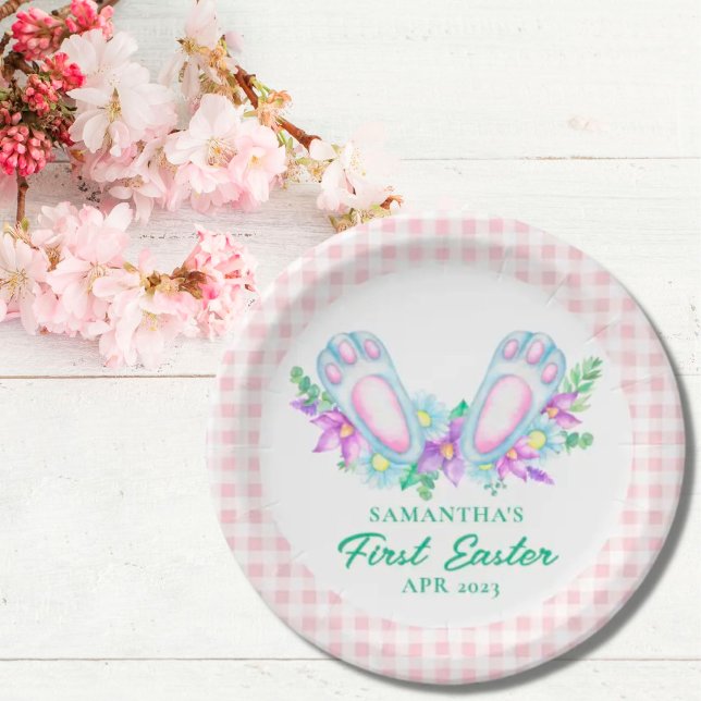 Personalised Pink Plaid Bunny Feet My First Easter Paper Plate (Creator Uploaded)
