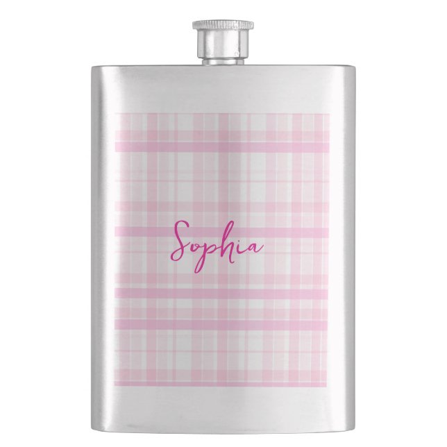 Personalised Pink Plaid Classic Flask with Name  (Front)