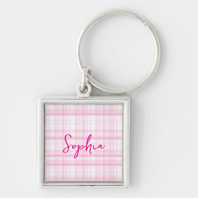 Personalised Pink Plaid  Key Ring (Front)